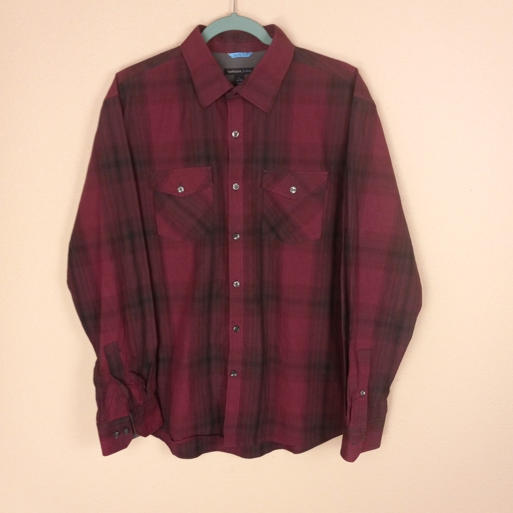 Van‎ Heusen Studio Mens Large Slim Fit Plaid Button Down Shirt Burgundy Black L